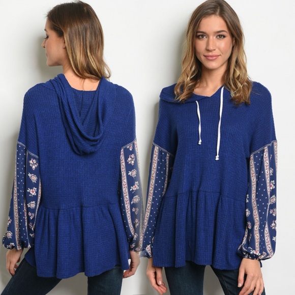 Hummingbird Tops - Multicolored Waffle Knit Long Sleeve Floral Boxy Hoodie